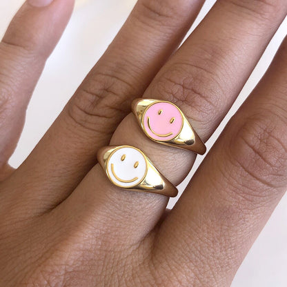 Cross-border European And American New Cute Smiling Face Ring Women's Simple Women's 18k Gold Drop Oil Copper Ring Color Retention