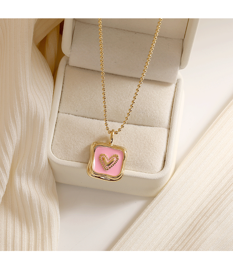 Sweet Square Heart Shape Copper Enamel Plating Pendant Necklace