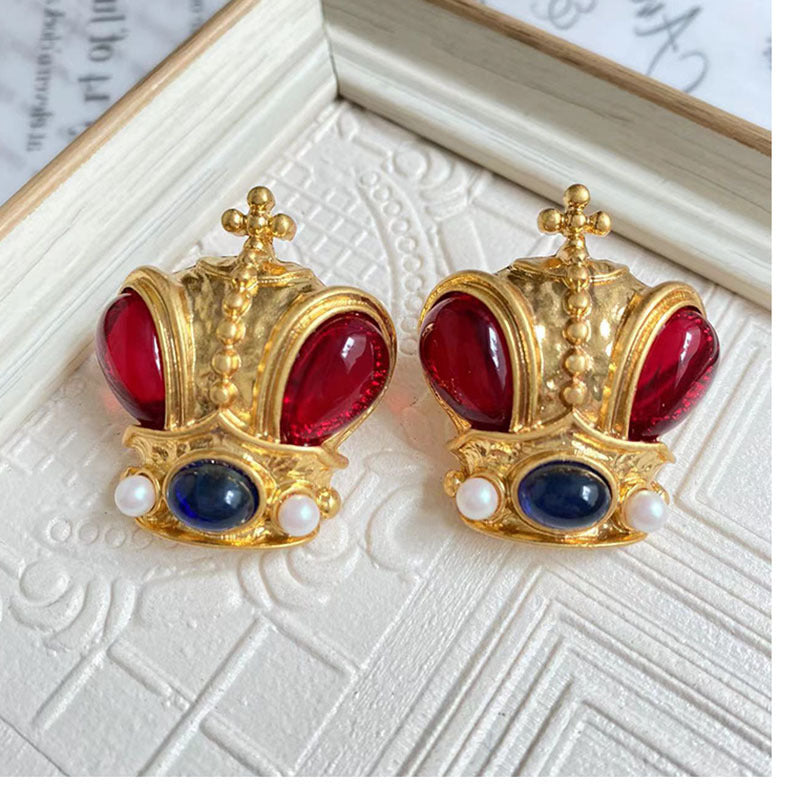 Retro Crown Alloy Plating Artificial Gemstones Women's Ear Studs 1 Pair