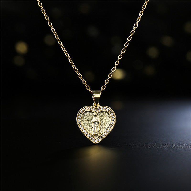 Retro Heart Virgin Mary Pendant White Zirconium Necklace