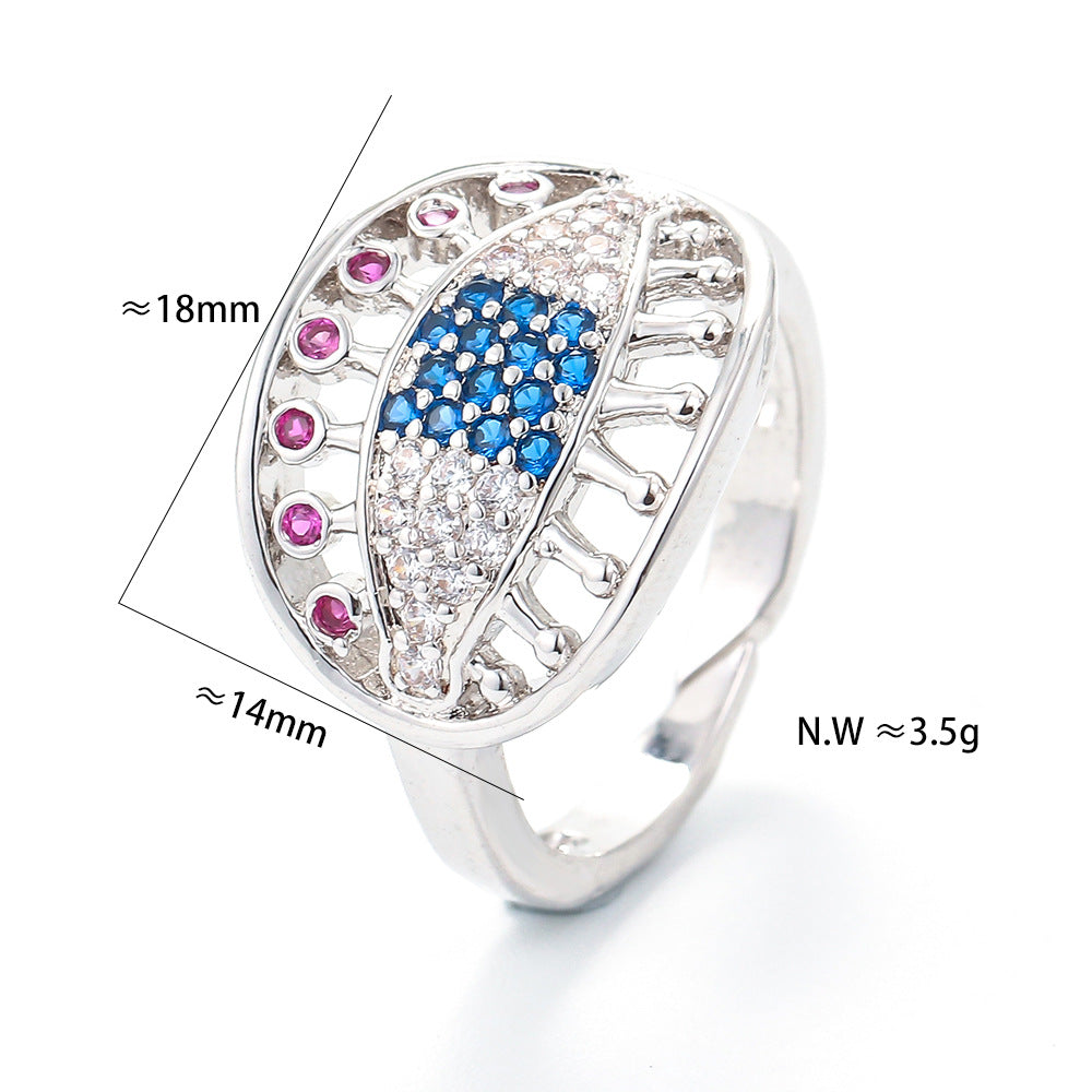 Fashion Colored Micro-inlaid Diamond Oval Eye Hollow Ring