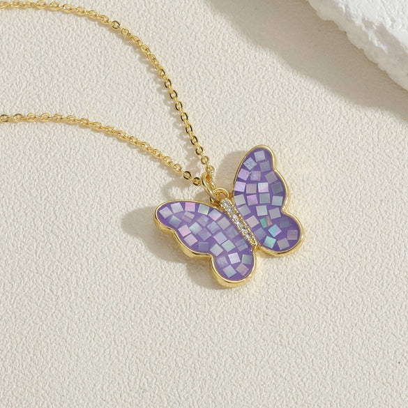 Copper Plated 14K Real Gold Color Dripping Oil Butterfly Pendant Necklace Women's Ins Personalized Design Shell Zircon Clavicle Chain
