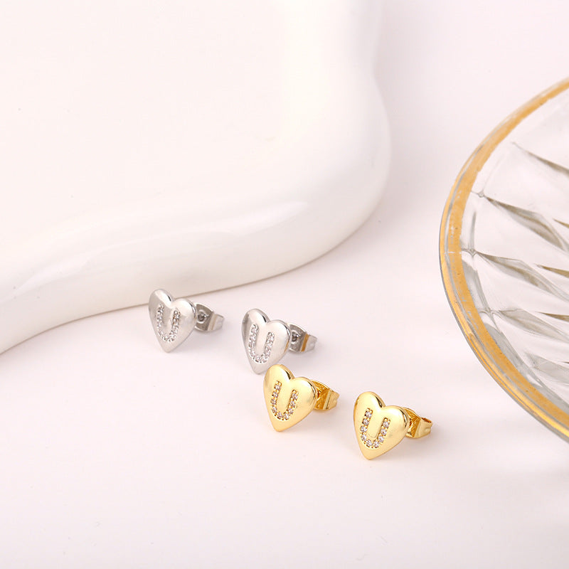 1 Pair Simple Style Letter Heart Shape Inlay Copper Rhinestones 18K Gold Plated White Gold Plated Ear Studs