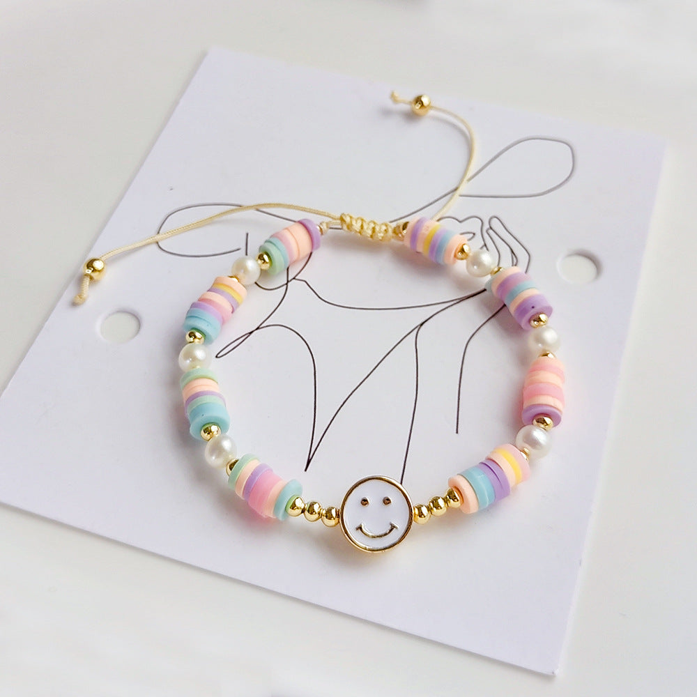 Cartoon Style Smiley Face Freshwater Pearl Soft Clay Knitting Women's Bracelets