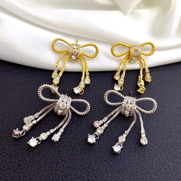 1 Pair Sweet Shiny Bow Knot Plating Inlay Copper Zircon Drop Earrings