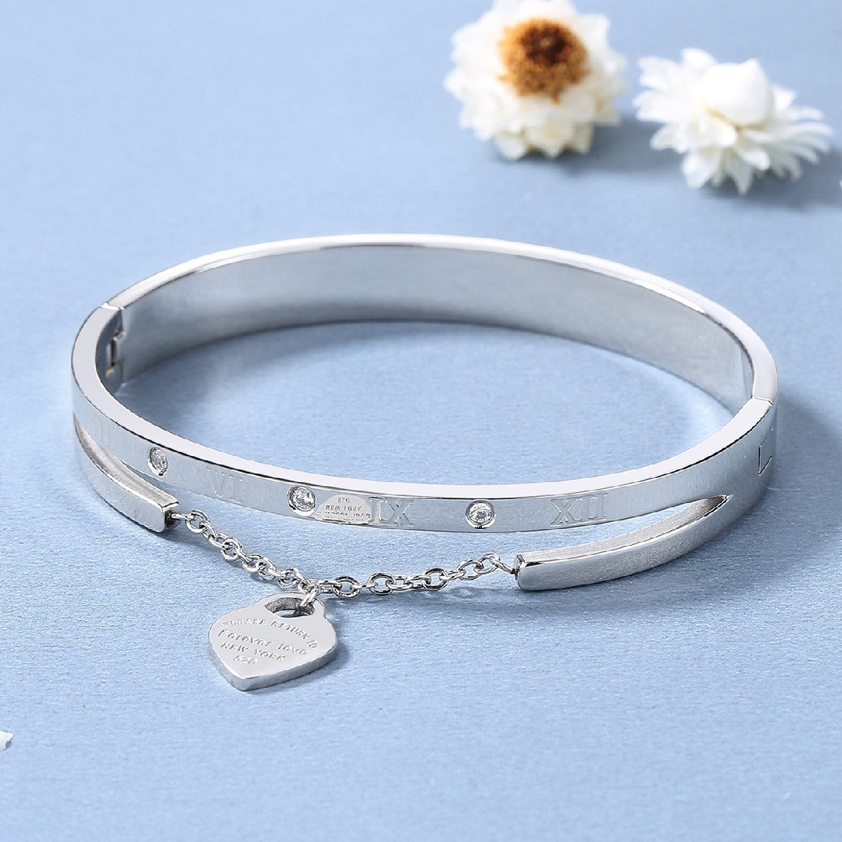 Lady Letter Stainless Steel Plating Inlay Artificial Diamond Bangle