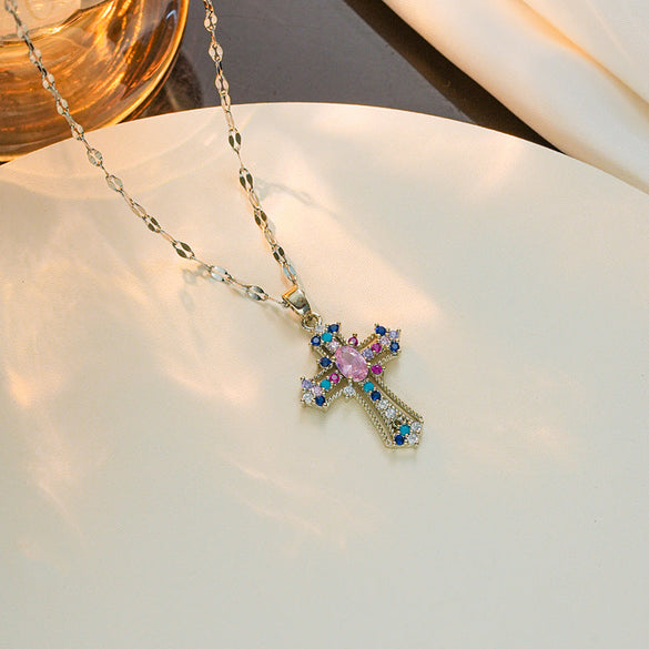 Moderate Luxury Cross Geometric Titanium Steel 18K Gold Plated Necklaces