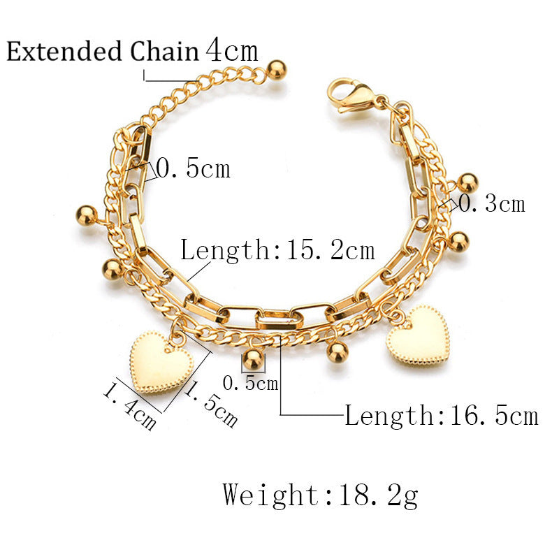 Fashion Heart-shaped Pendant Multi-layer Chain Hip-hop Titanium Steel Bracelet