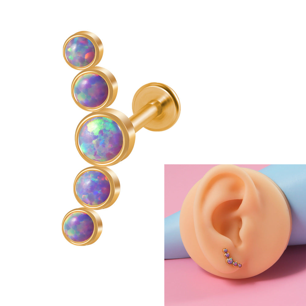 Simple Style Round Stainless Steel Inlay Opal Zircon Lip Stud Ear Studs