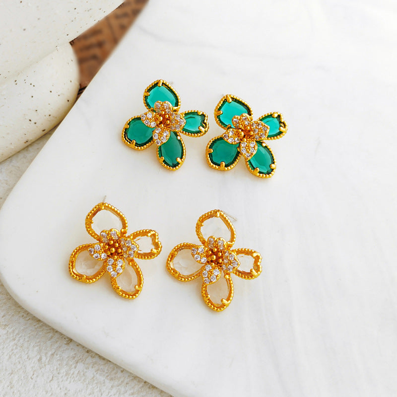 1 Pair Sweet Flower Copper Plating Glass Zircon Ear Studs