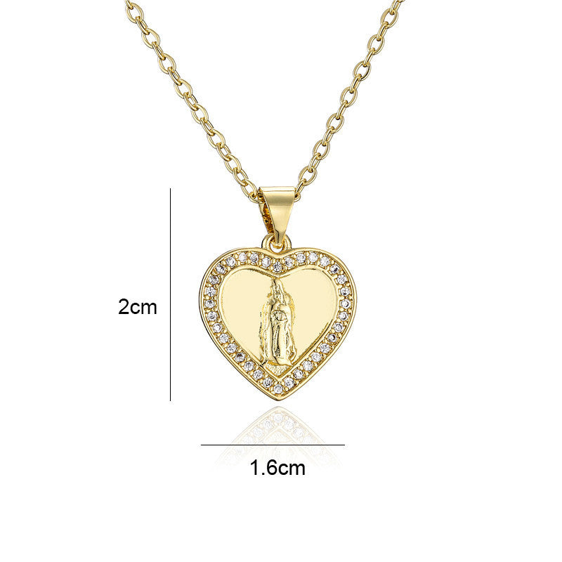 Retro Heart Virgin Mary Pendant White Zirconium Necklace