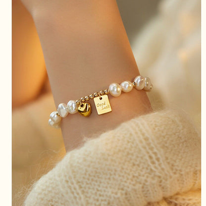 Elegant Retro Letter Heart Shape Freshwater Pearl Mixed Materials Bracelets In Bulk