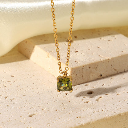 Same Style As European And American Web Celebrities' Necklace 18k Gold Stainless Steel White/pink/green Square Zircon Pendant Necklace Ornament For Women