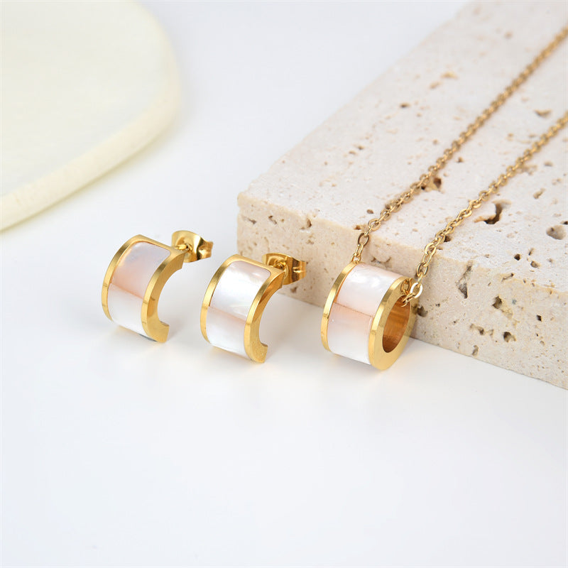 Wholesale Elegant French Style C Shape Stainless Steel Inlay Shell Earrings Necklace