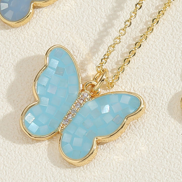 Copper Plated 14K Real Gold Color Dripping Oil Butterfly Pendant Necklace Women's Ins Personalized Design Shell Zircon Clavicle Chain