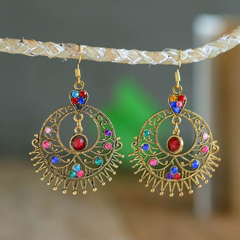 Exaggerated Large Round Hollow Alloy Retro Ethnic Earrings Female