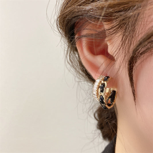 Fashion Zircon Leather C-shaped Double-layer Design Alloy Earrings