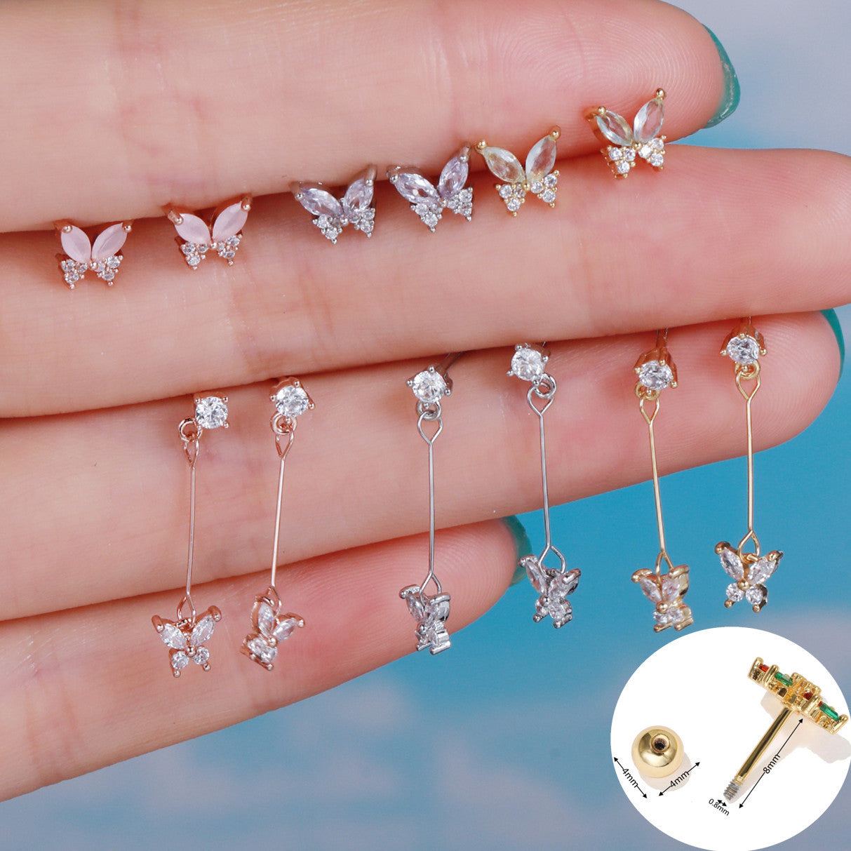 Butterfly Ear Bone Stud Stainless Steel Rod Piercing Twist Ball Stud Earring