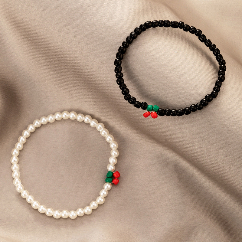 Ethnic Style Pearl Color Beaded Cherry Couple Bracelet Set