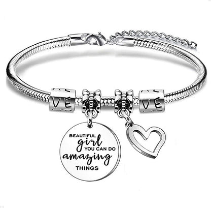 Sweet Streetwear Letter Heart Shape Stainless Steel Carving Bangle