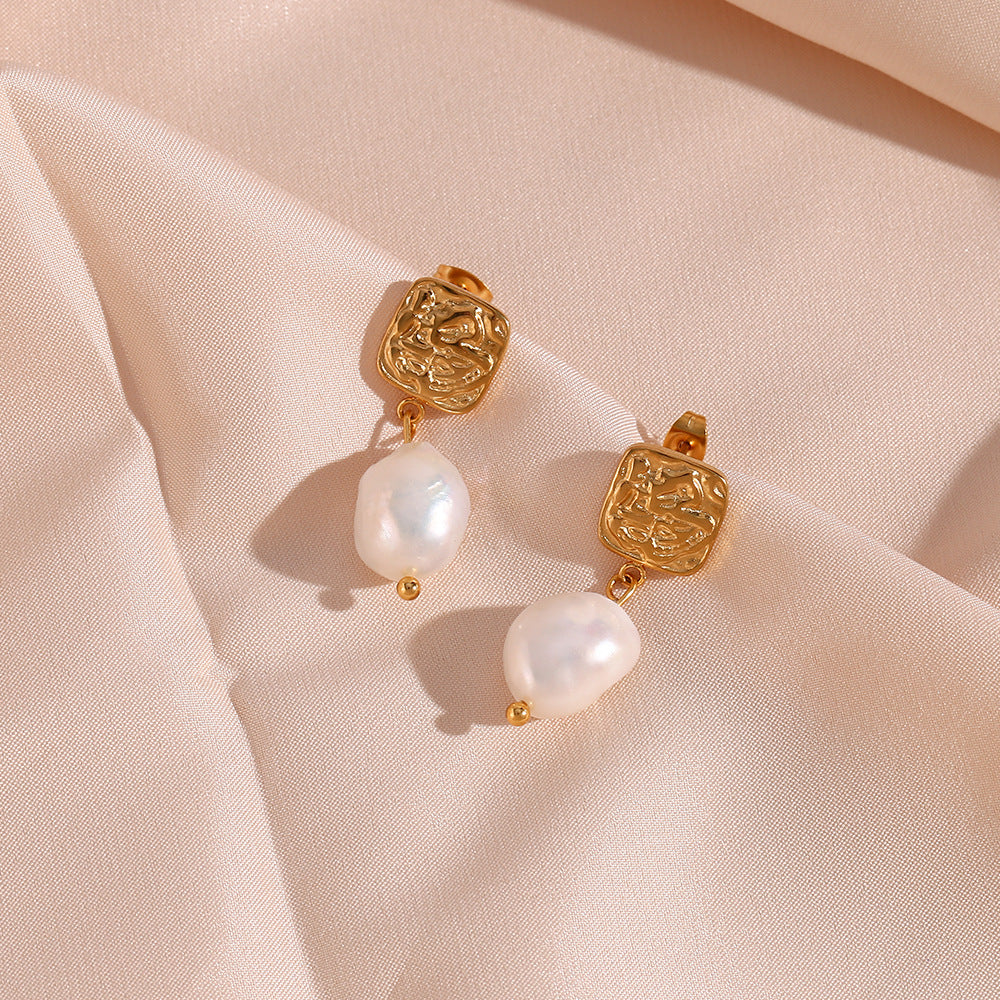 Fashion Square Plating Stainless Steel Freshwater Pearl Gold Plated Drop Earrings