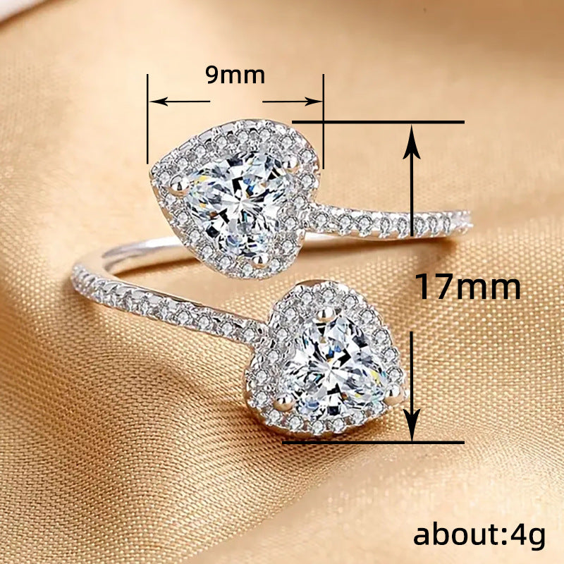 Simple Style Shiny Heart Shape Copper Inlay Zircon Open Rings