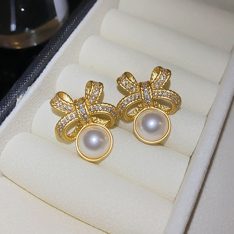 1 Pair Elegant Luxurious Round Bow Knot Plating Inlay Copper Artificial Pearls Rhinestones Ear Studs