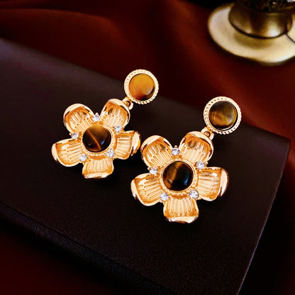 1 Pair IG Style Elegant Flower Plating Tiger Eye Drop Earrings