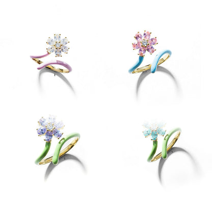 Sweet Flower Copper Enamel Inlay Zircon Open Ring