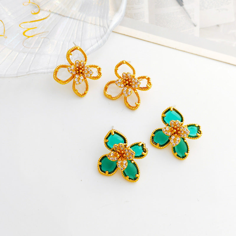 1 Pair Sweet Flower Copper Plating Glass Zircon Ear Studs