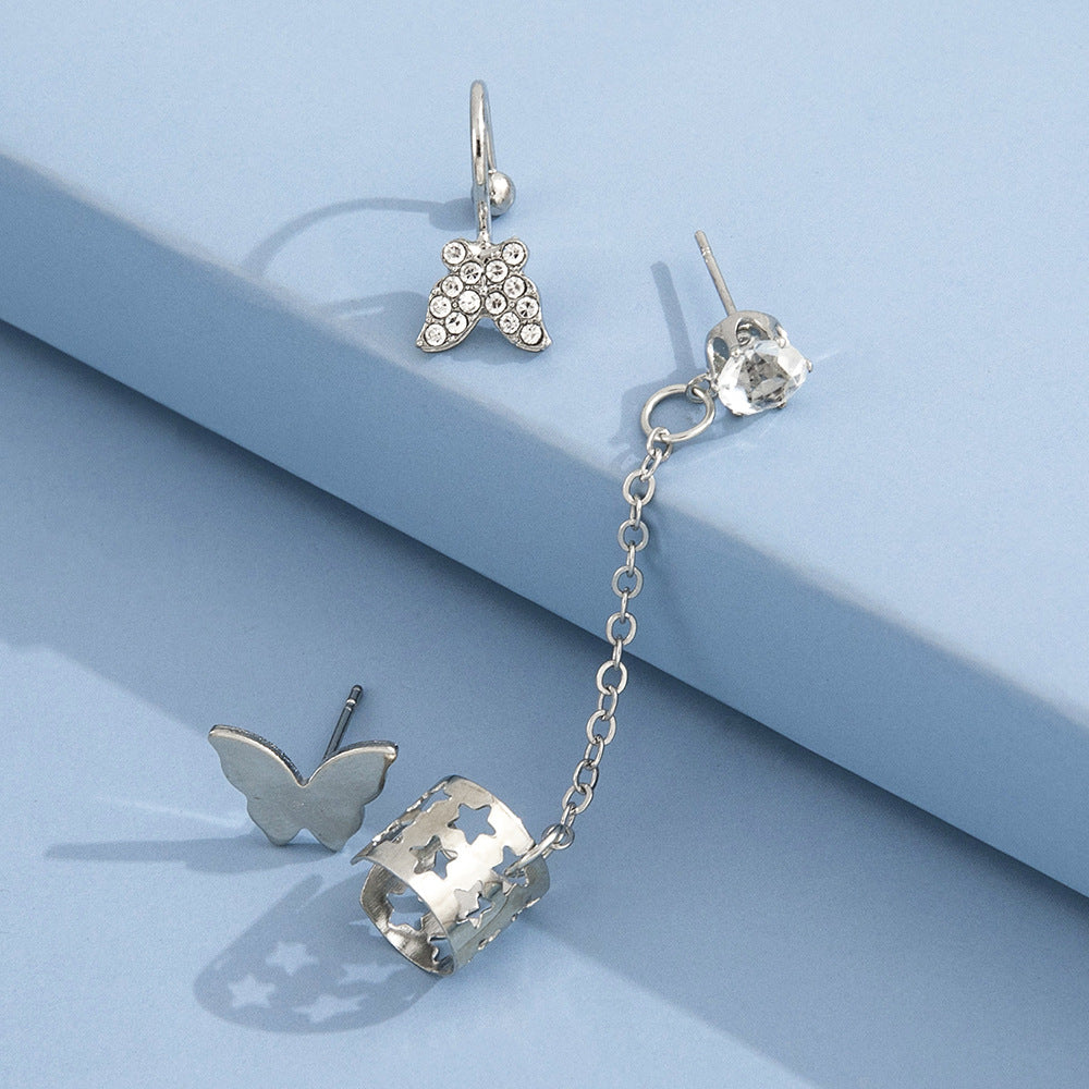 Simple Glossy Butterfly Sliver Alloy Stud Earrings Hollow Chain Ear Clip 3 Piece Set