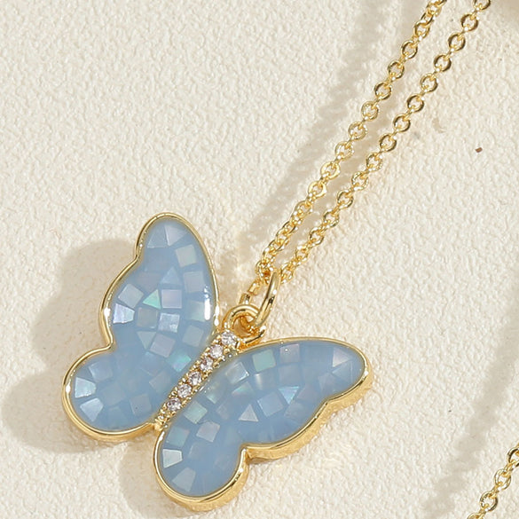 Copper Plated 14K Real Gold Color Dripping Oil Butterfly Pendant Necklace Women's Ins Personalized Design Shell Zircon Clavicle Chain