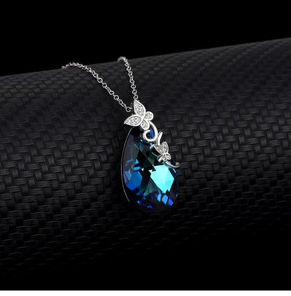 Fashion Butterfly Austrian Crystal Sterling Silver Water Drop Pendant Necklace