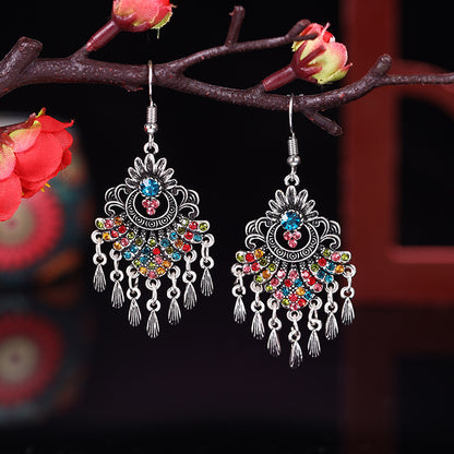 1 Pair Ethnic Style Flower Metal Tassel Plating Inlay Artificial Gemstones Women's Chandelier Earrings