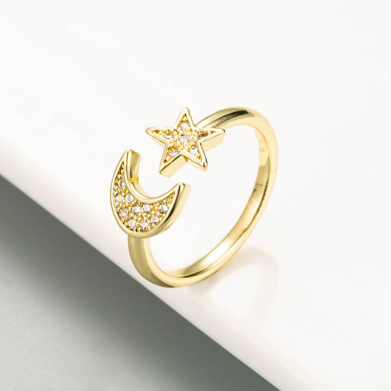 Fashion Copper Inlaid Zircon Star Moon Ring