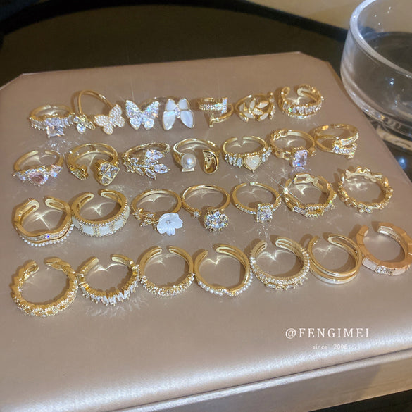 Korean temperament diamond zircon geometric opening ring light luxury niche fashion index finger ring Internet celebrity versatile jewelry women