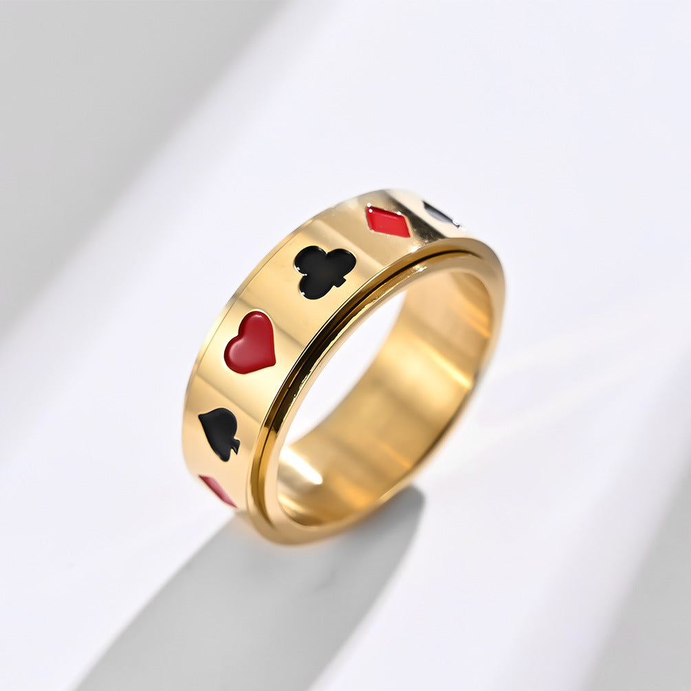 Fashion Spade Red Peach Plum Blossom Square Playing Card Pattern Titanium Steel Rotatable Ring