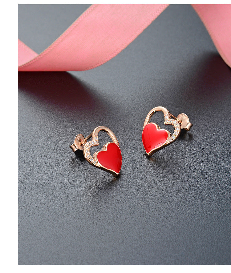 1 Pair Sweet Heart Shape Enamel Plating Inlay Sterling Silver Zircon Ear Studs