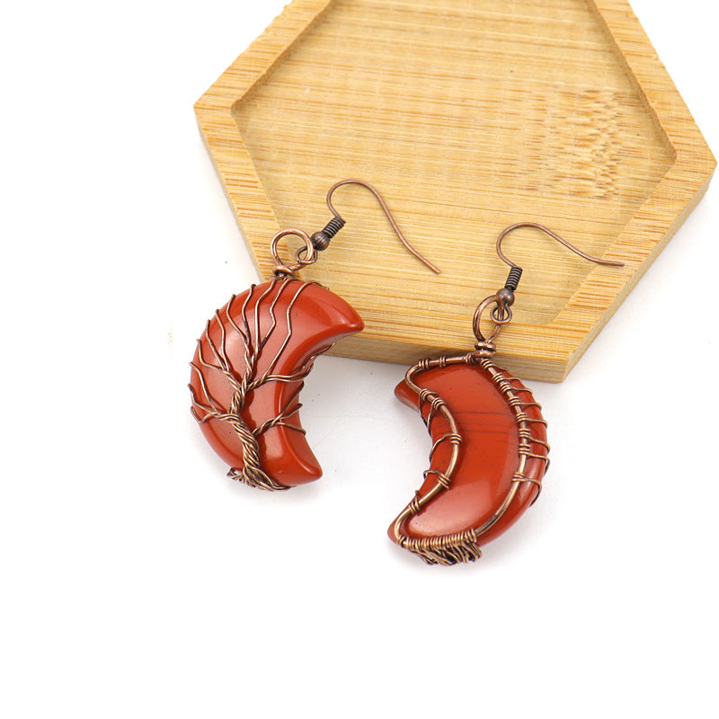 1 Pair Retro Simple Style Moon Tree Patchwork Natural Stone Copper Drop Earrings