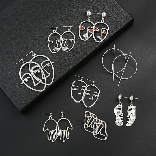 Fashion Creative Hollow Portrait Alloy Drop Earrings Set