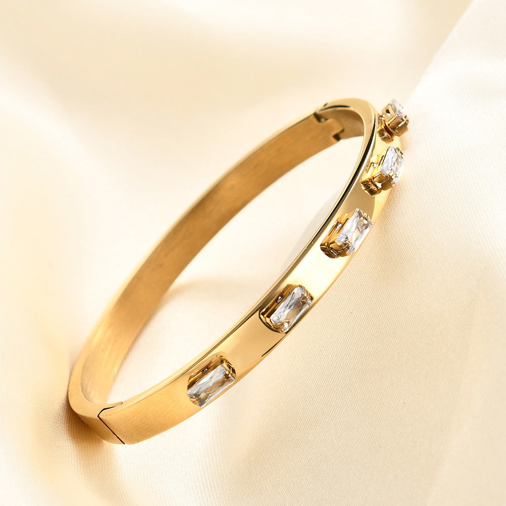 Simple Style Solid Color Stainless Steel Inlay Zircon Bangle