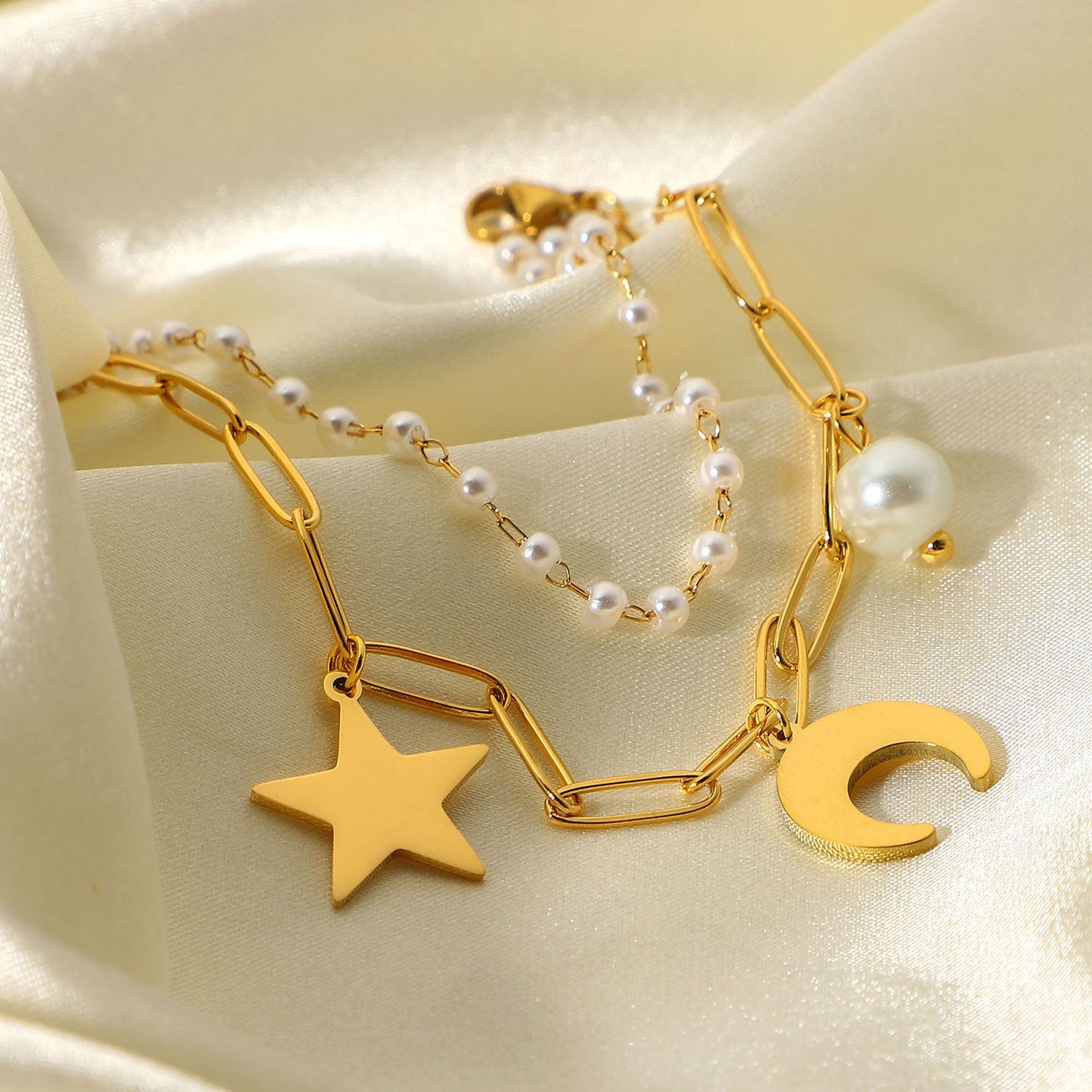 18k Gold Plated Stainless Steel Star Moon Pearl Pendant Double Layer Bracelet