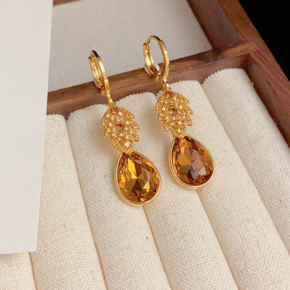 1 Pair Elegant Retro Leaf Copper Zircon 14K Gold Plated Drop Earrings