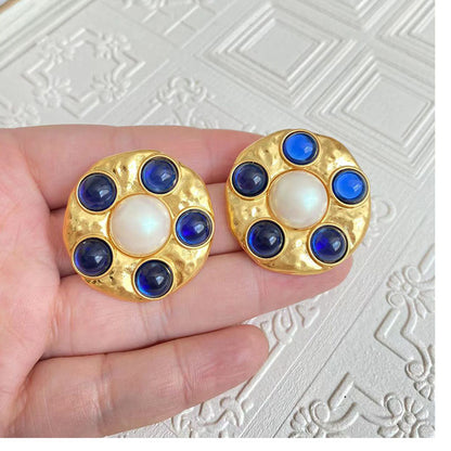 Retro Round Alloy Plating Inlay Glass Pearl Women's Ear Studs 1 Pair