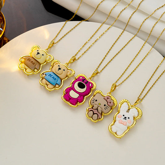 Cartoon Animal Bear Geometric Titanium Steel 18K Gold Plated Necklaces