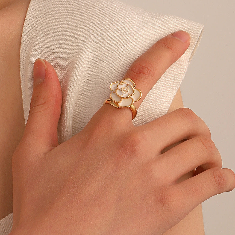 New French White Camellia Open Index Finger Ring Female