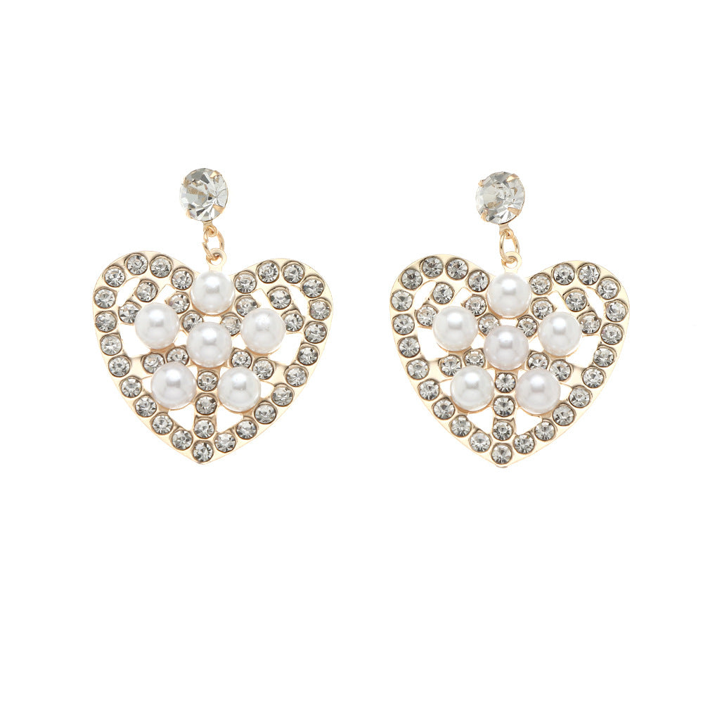 Fashion Hollow Heart Shaped Inlaid Pearl Diamond Metal Drop Earrings