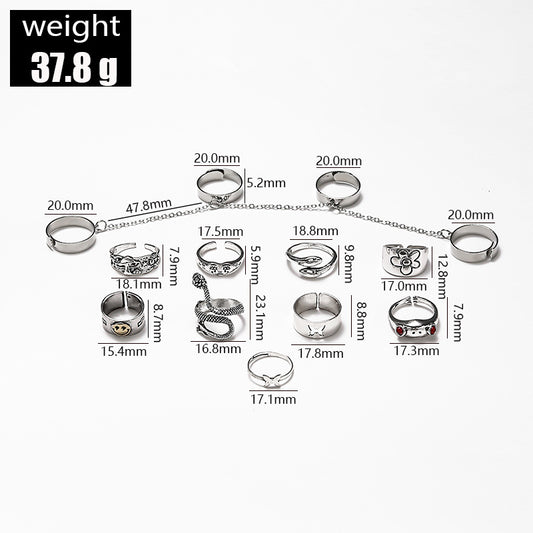 Cross-border New Ring 13-piece Set Bohemian Style Ring Chain Butterfly Frog Snake Ring