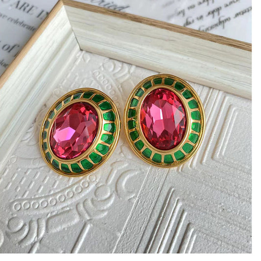 Retro Oval Copper Enamel Plating Inlay Zircon Ear Clips Ear Studs 1 Pair