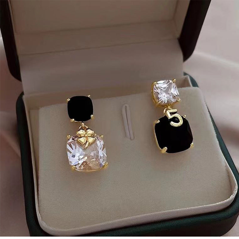 1 Pair Shiny Four Leaf Clover Number Artificial Crystal Women's Drop Earrings